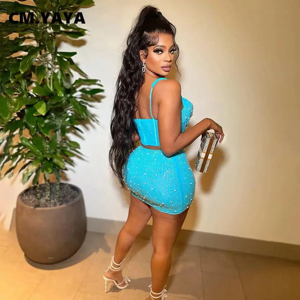 Diamond Dreams Rhinestone Two-Piece Set – Women’s Strap Crop Top & Mini Skirt | Sexy Party & Clubwear Outfit Majesty Me Streetwear™