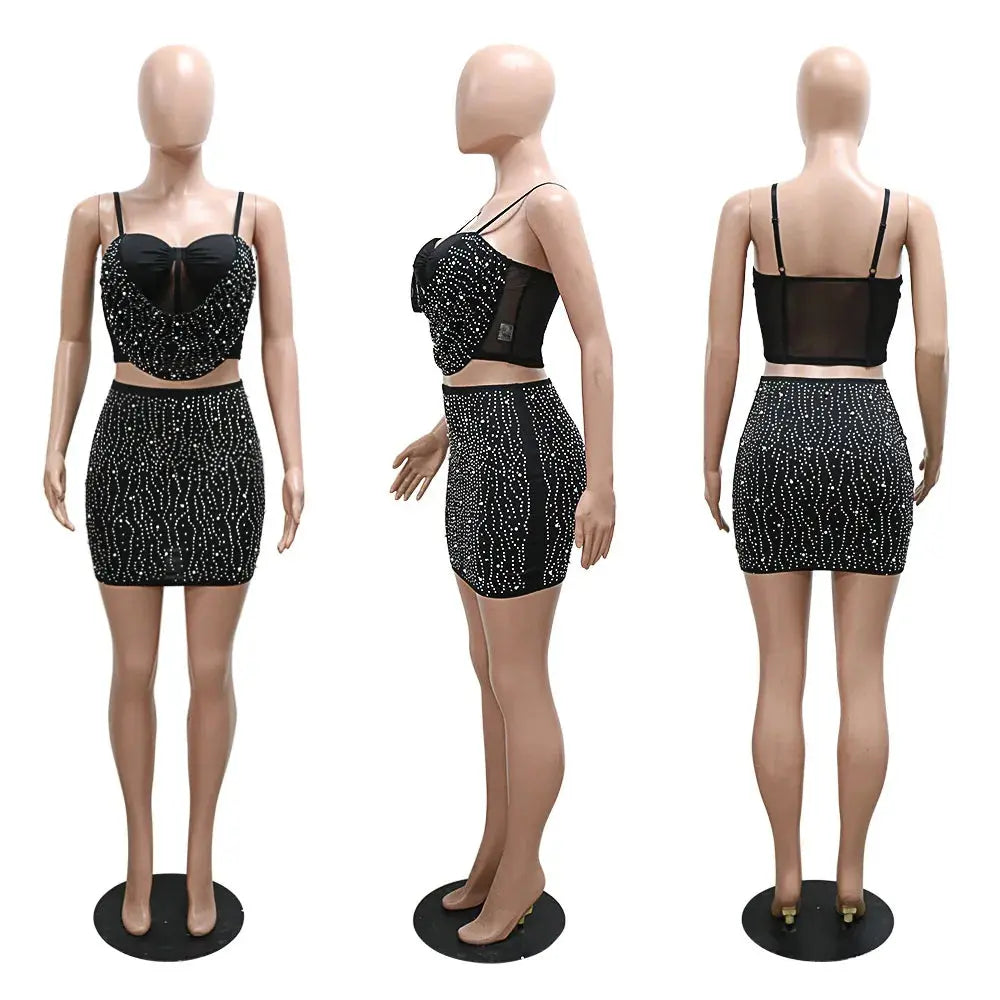 Diamond Dreams Rhinestone Two-Piece Set – Women’s Strap Crop Top & Mini Skirt | Sexy Party & Clubwear Outfit Majesty Me Streetwear™