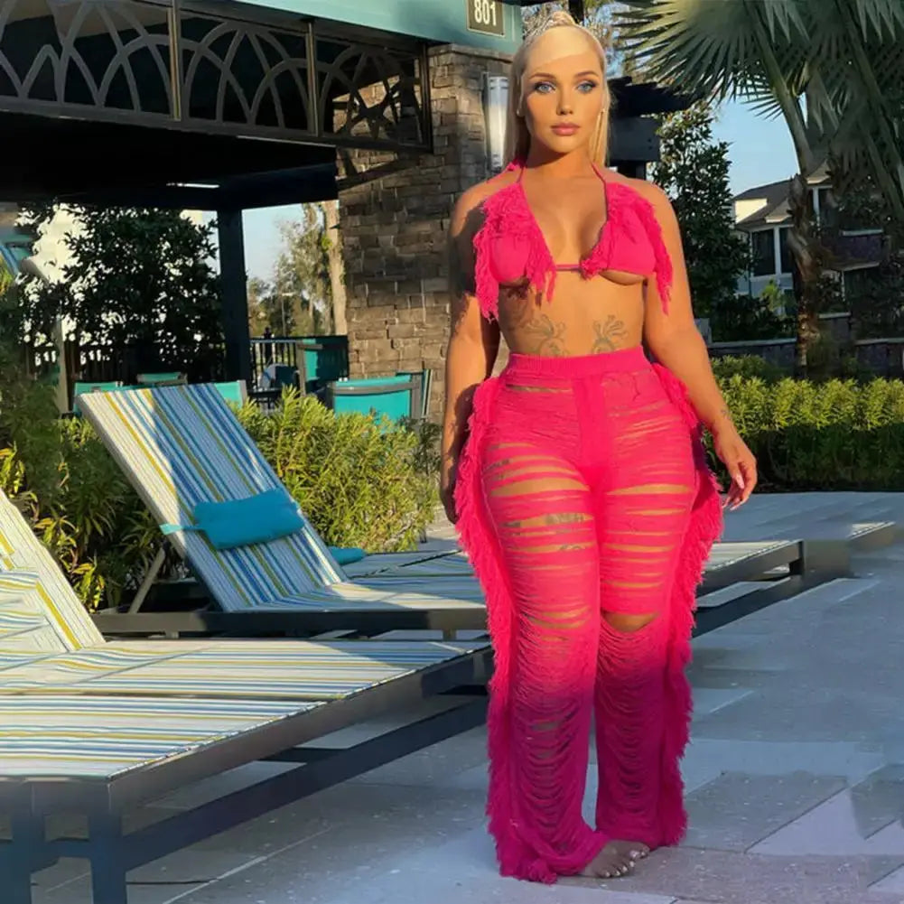 “Tropical Dream” Tassel Set – Lace-Up Halter Crop Top & High-Waist Beach Pants Majesty Me Streetwear™