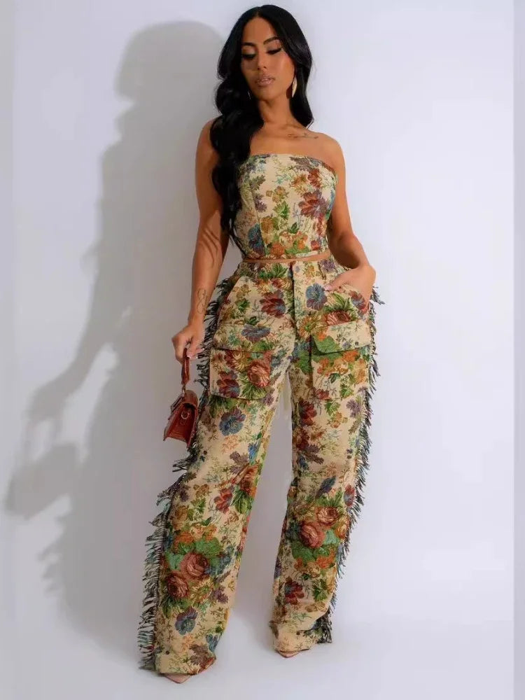 CM.YAYA Fashion Print Women's Set Strapless Top and Wide Leg tassel Pants Summer Cargo Street Two 2 Piece Set Outfit Tracksuit Majesty Me