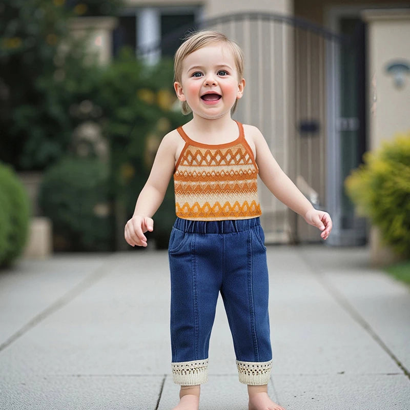 Girls Sleeveless Knit Top and Elastic Waist Tassel Jeans Set Summer Outfit with Camisole for Kids Majesty Me