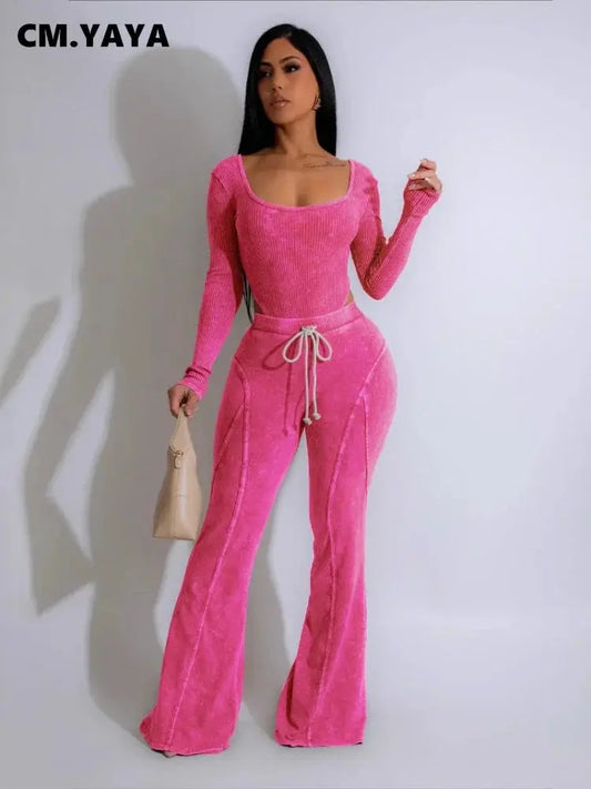 “Soft Motion” Knit Set – Long Sleeve Bodysuit & Flared Pants Tracksuit Majesty Me Streetwear™