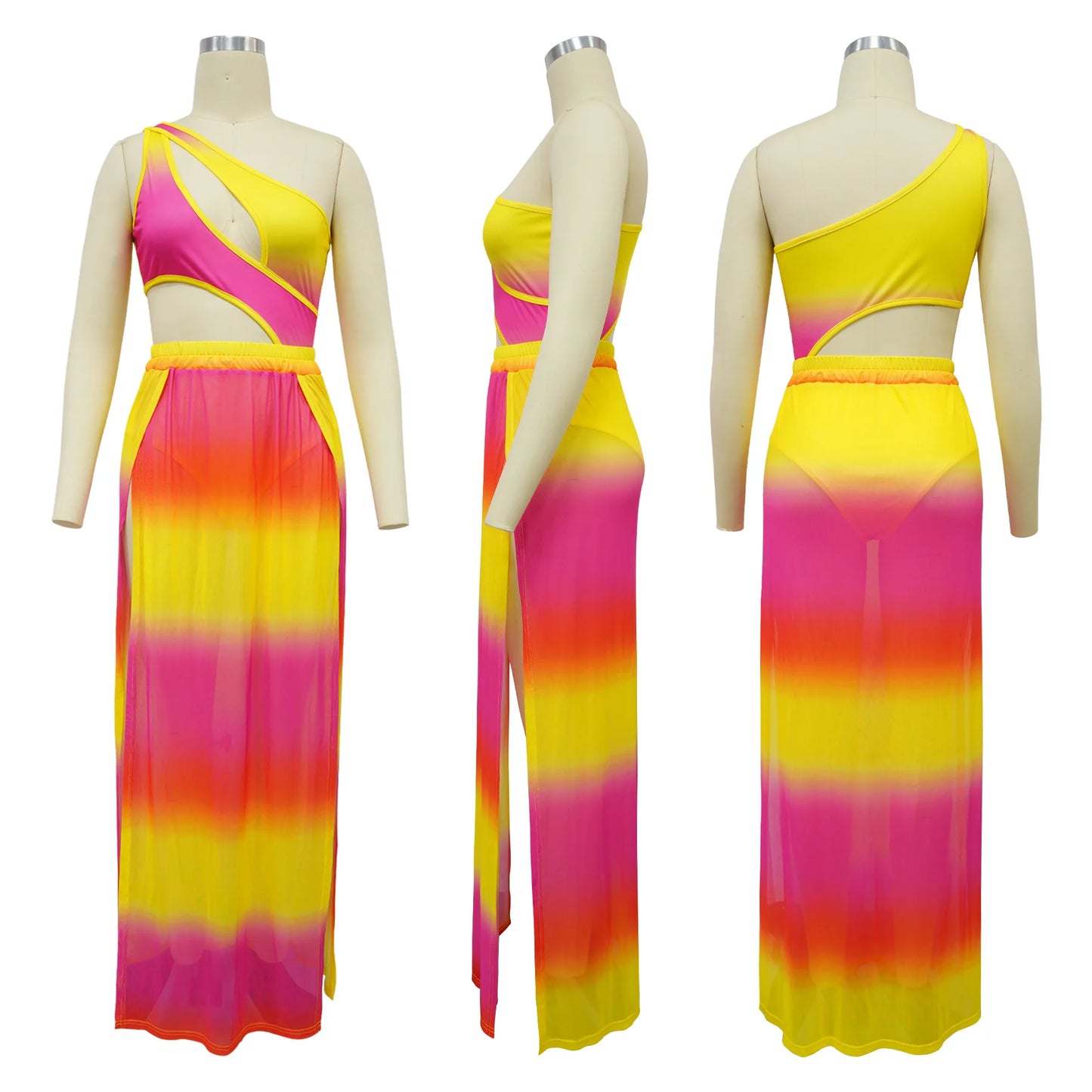 CM.YAYA Women Gradient Maxi Long Skirt Suit and Skew Collar Bodysuit Matching Two 2 Piece Set Outfit 2024 Summer Bikinis Set Majesty Me