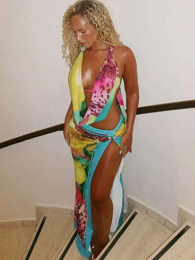 “Electric Safari” Two-Piece Set – Colorful Leopard Halter Crop Top & Wrap Skirt for Women Majesty Me