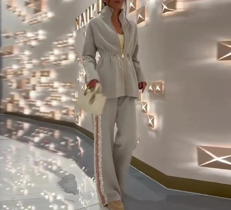 City Muse Two-Piece Set – Women’s Colorblock Zipper Top & High-Waist Pants | Chic Casual Matching Outfit Majesty Me Streetwear™