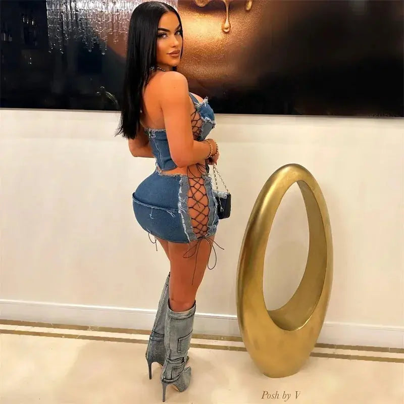 “Denim Fantasy” Two-Piece Set – Lace-Up Halter Crop Top & Mini Skirt Y2K Party Outfit Majesty Me Streetwear™