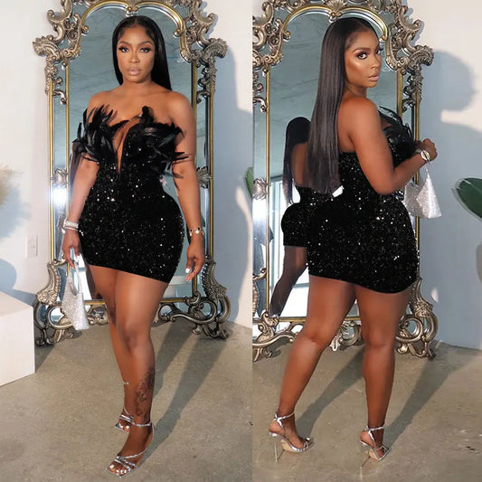 Woemn Dress Short Dresses Sexy Slim Fit Strapless Sleeveless Deep V Neck Sequin Feather Hip Wrap Elegant Splice Party Vestidos Majesty Me