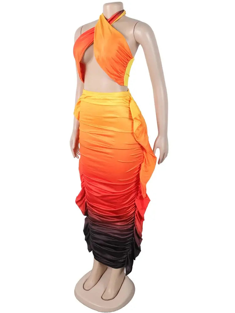Tropical Goddess” Two-Piece Set – Halter Neck Crop Top & Tie-Dye Ruched Maxi Skirt Majesty Me Streetwear™