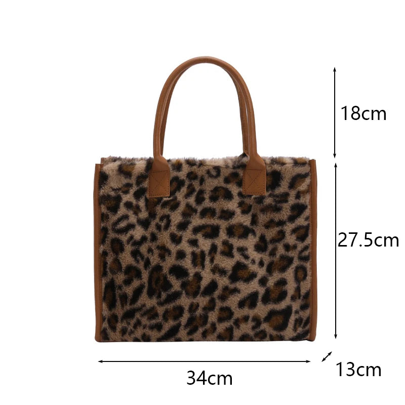 Winter Faux Fur ,Leopard Print Designer Shopper Totes, Fashion Soft Plush Women Shoulder Bags, Large Capacity Handbags and Purse Majesty Me