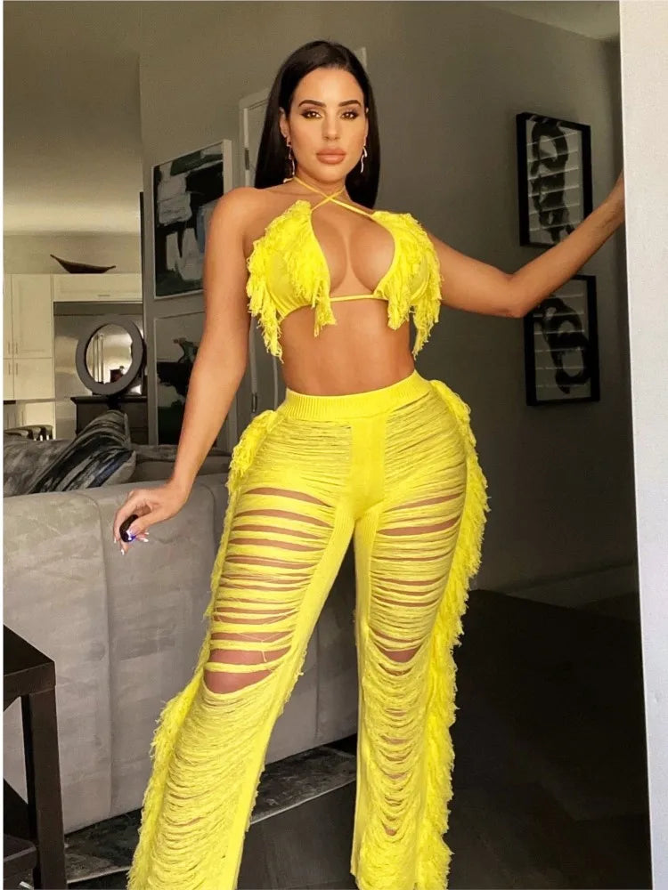 Sexy Women 2025 Knitted Set Two Piece Set Halter Backless Bra Crop Top Pants Crocheted 2 Pieces Set Hollow Out Crochet Beach Set Majesty Me