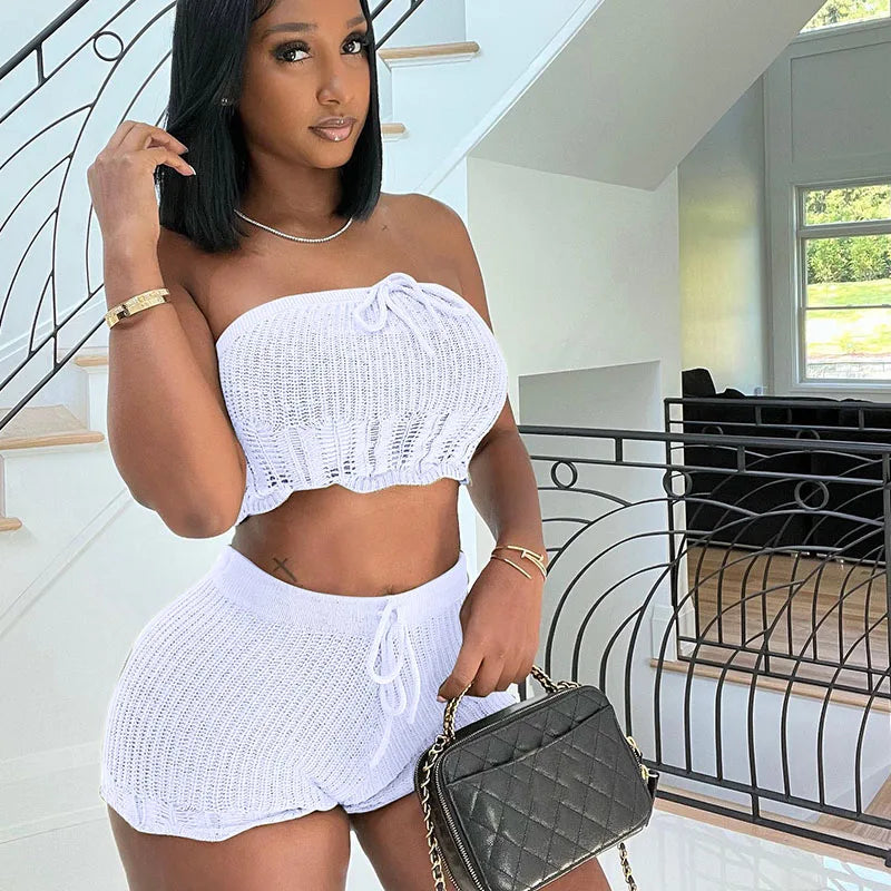 Sexy Knitted Two Piece Women Shorts Sets Skinny Tube Crop Top + Shorts Stretchy Vacation Party Club Outfits Matching Sets Summer Majesty Me