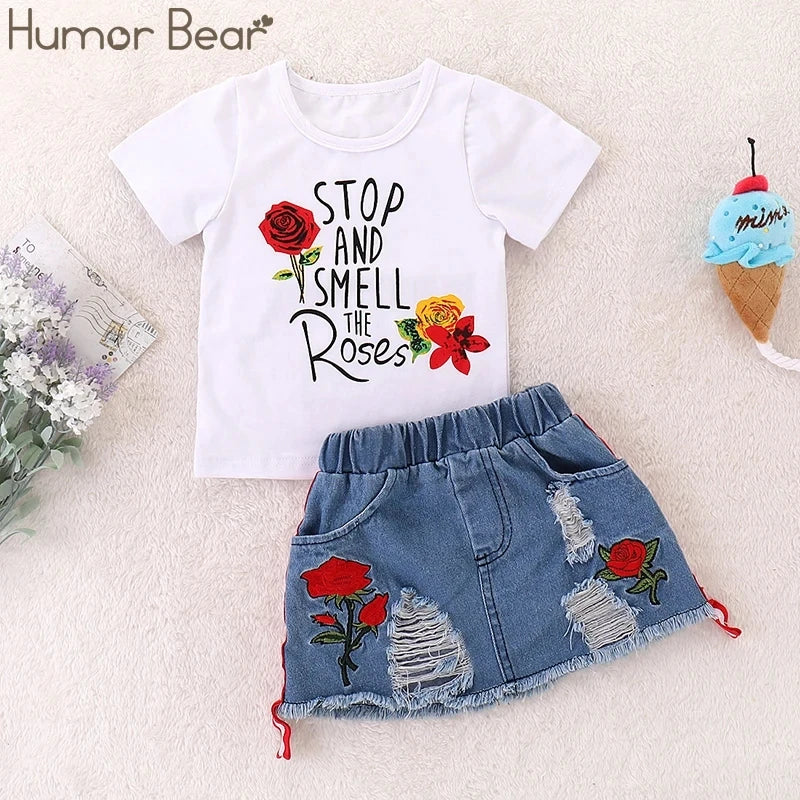 Humor Bear Girls Suit Summer Children's Clothes Suit Embroidery Letter Print Short sleeve+skirt Set Toddler Christmas Outfits Majesty Me