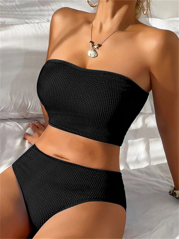 Sexy Bandeau Bikini 2025 Mujer Women Black Ribbed Push Up High Waist Swimsuit Summer Beach Bathing Suit Holiday Swimwear Biquini Majesty Me
