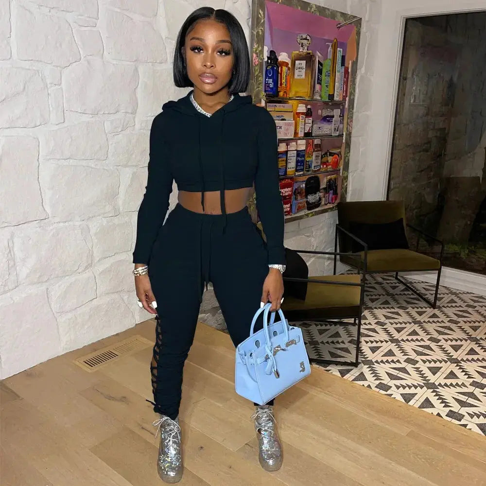 Majesty Me “Power Play” Tracksuit – Hollow-Out Bandage Crop Hoodie & Matching Joggers Majesty Me Streetwear™