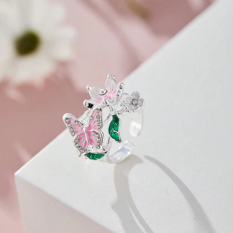Aesthetic Flower Butterfly Rings for Female Romantic Rhinestone Stylish Non-fading Opening Ring Women Wedding Jewelry Party Gift Majesty Me