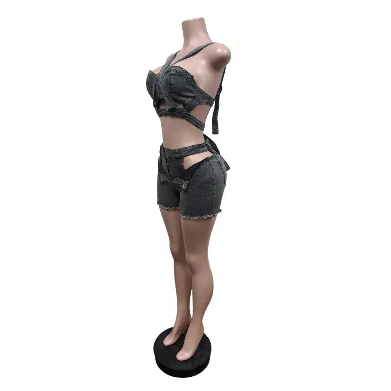 Denim Dream Two-Piece Set – Women’s Strap Vest Crop Top & Pocket Shorts | Sexy Streetwear Summer Outfit 2025 Majesty Me Streetwear™
