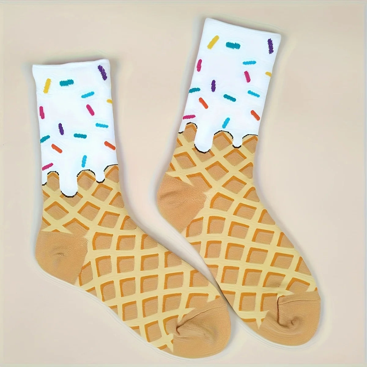 1 pair Waffle & Frosting Fun Mid-Calf Socks， Unisex Colorful Sprinkle Pattern Trendy Casual Socks Majesty Me