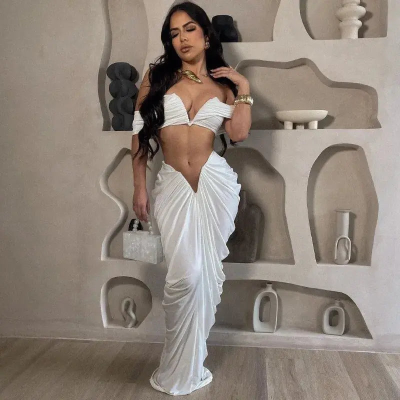 “Midnight Allure” Two-Piece Ruched Maxi Set – Off-Shoulder Crop Top & Long Skirt Party Outfit Majesty Me