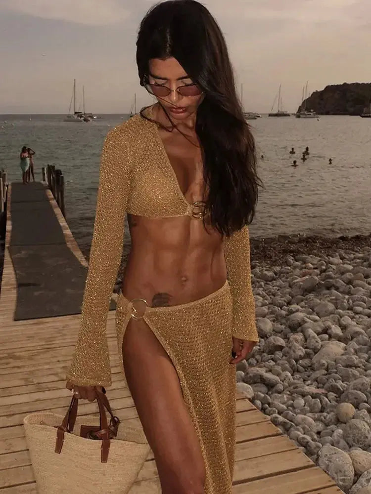 “Golden Hour Glow” Two-Piece Set – Shiny V-Neck Knit Top & Maxi Skirt Summer Outfit Majesty Me Streetwear™