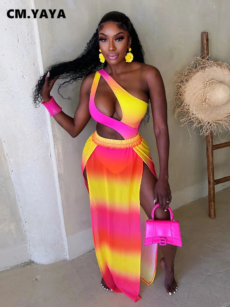 CM.YAYA Women Gradient Maxi Long Skirt Suit and Skew Collar Bodysuit Matching Two 2 Piece Set Outfit 2024 Summer Bikinis Set Majesty Me