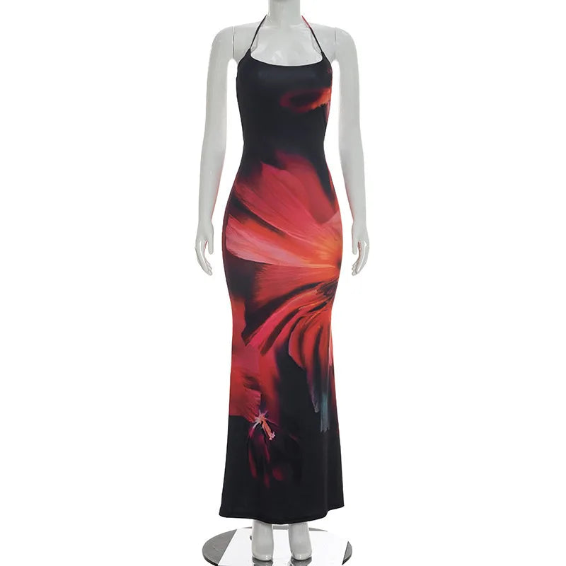 Oniflyme Sexy Backless Bandage Floral Print Patchwork Women Maxi Dress Low Chest Sleeveless High Waist Skinny Club Evening Dress Majesty Me