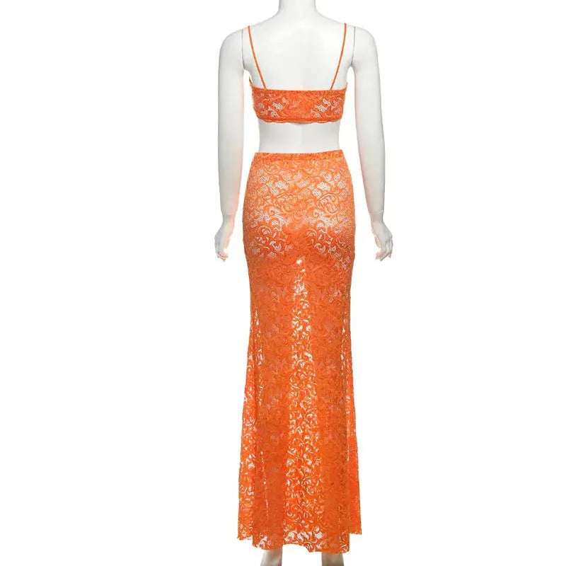 Midnight Muse Lace Two-Piece Set – Sheer Camisole Crop Top & Bodycon Maxi Skirt | Sexy Clubwear & Vacation Outfit Majesty Me Streetwear™