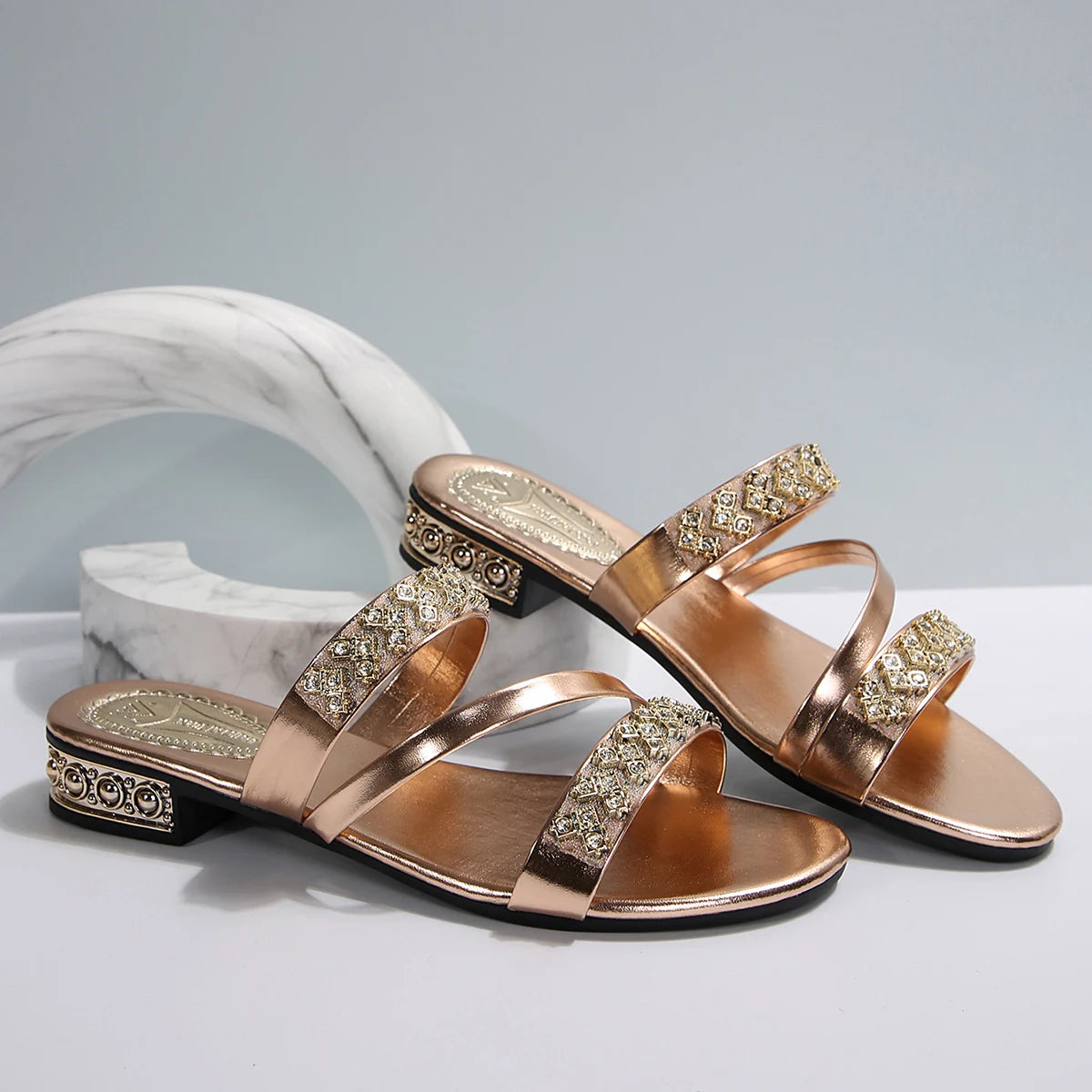 Summer New Women Slippers Medium Heel Thick Heel Slippers Open Toe High Heel Rhinestones Shoes Lightweight Sandals Slides Women Majesty Me