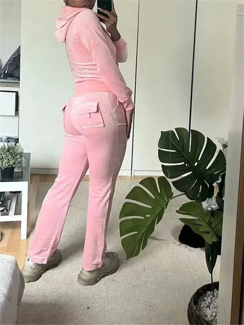 Jay Cee Velvet Crown Tracksuit – 2025 Spring Fall Women’s 2-Piece Set | Elegant Velour Sweatsuit with Royal Detailing Majesty Me