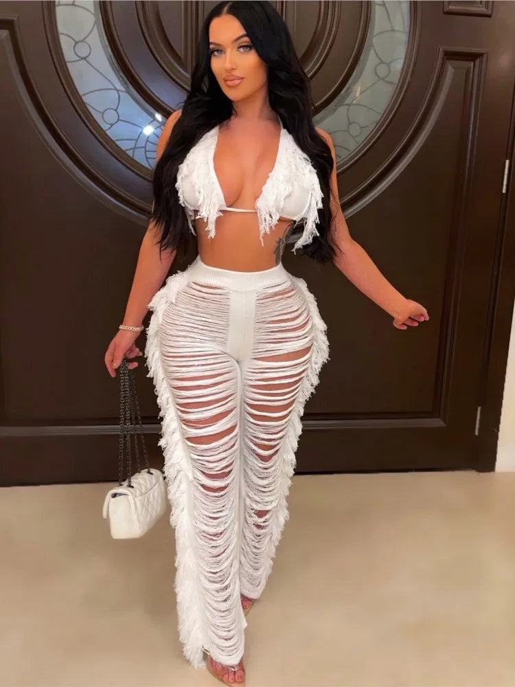 Sexy Women 2025 Knitted Set Two Piece Set Halter Backless Bra Crop Top Pants Crocheted 2 Pieces Set Hollow Out Crochet Beach Set Majesty Me