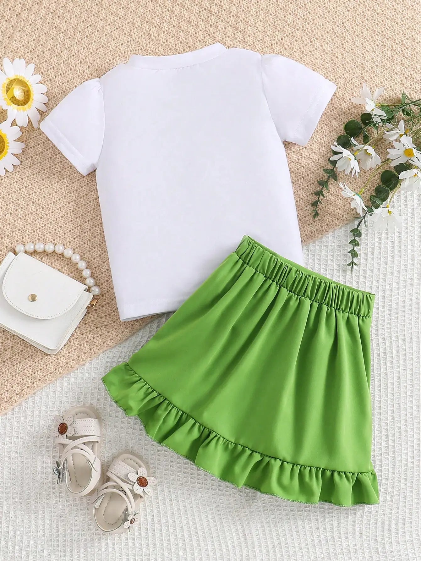 2-piece girls spring/summer fashion cute outdoor casual clothing white knit round neck Daisy print T-shirt + green pleated skirt Majesty Me