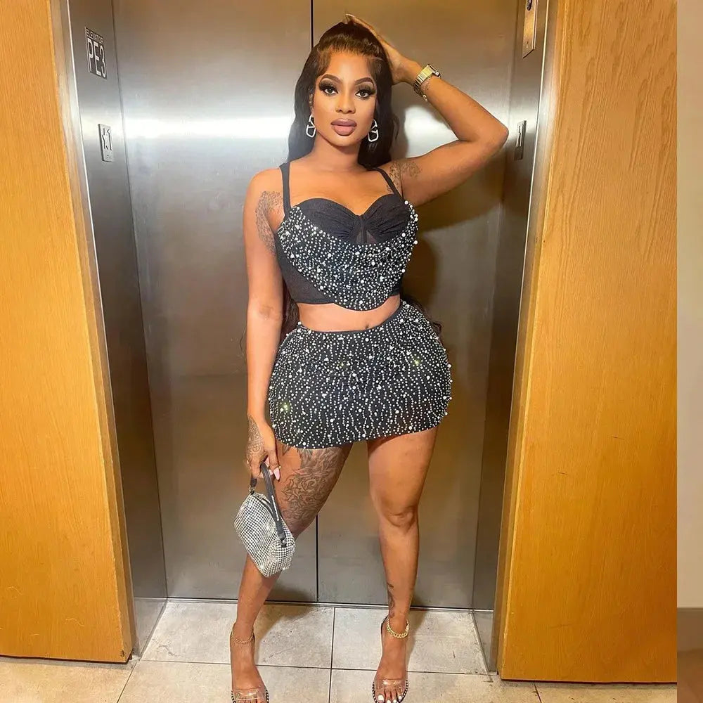 Diamond Dreams Rhinestone Two-Piece Set – Women’s Strap Crop Top & Mini Skirt | Sexy Party & Clubwear Outfit Majesty Me Streetwear™