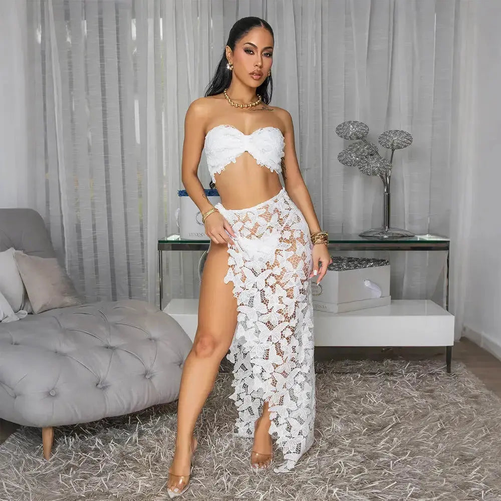 Summer Lace Three-Piece Set – Women’s Bikini Top, Sheer Skirt & Cover-Up | Elegant Neutral Beach Outfit Majesty Me Streetwear™