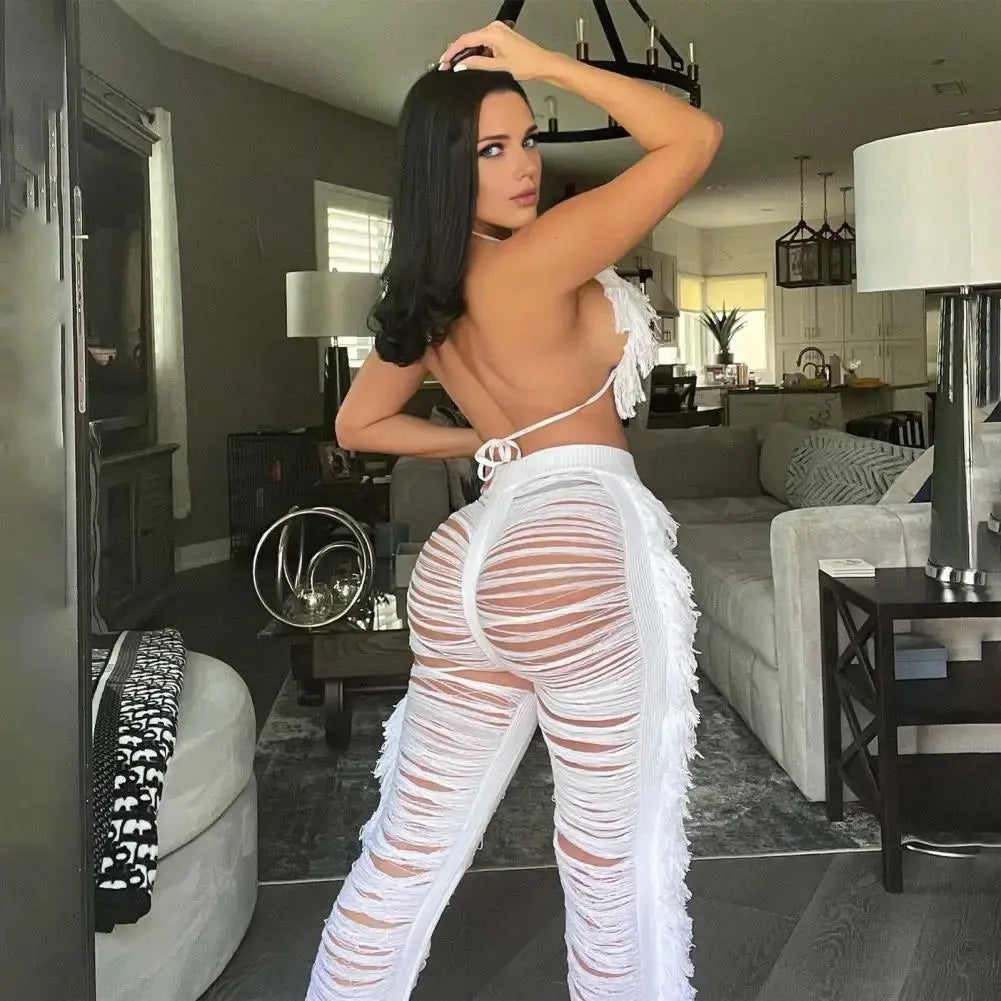 “Tropical Dream” Tassel Set – Lace-Up Halter Crop Top & High-Waist Beach Pants Majesty Me Streetwear™