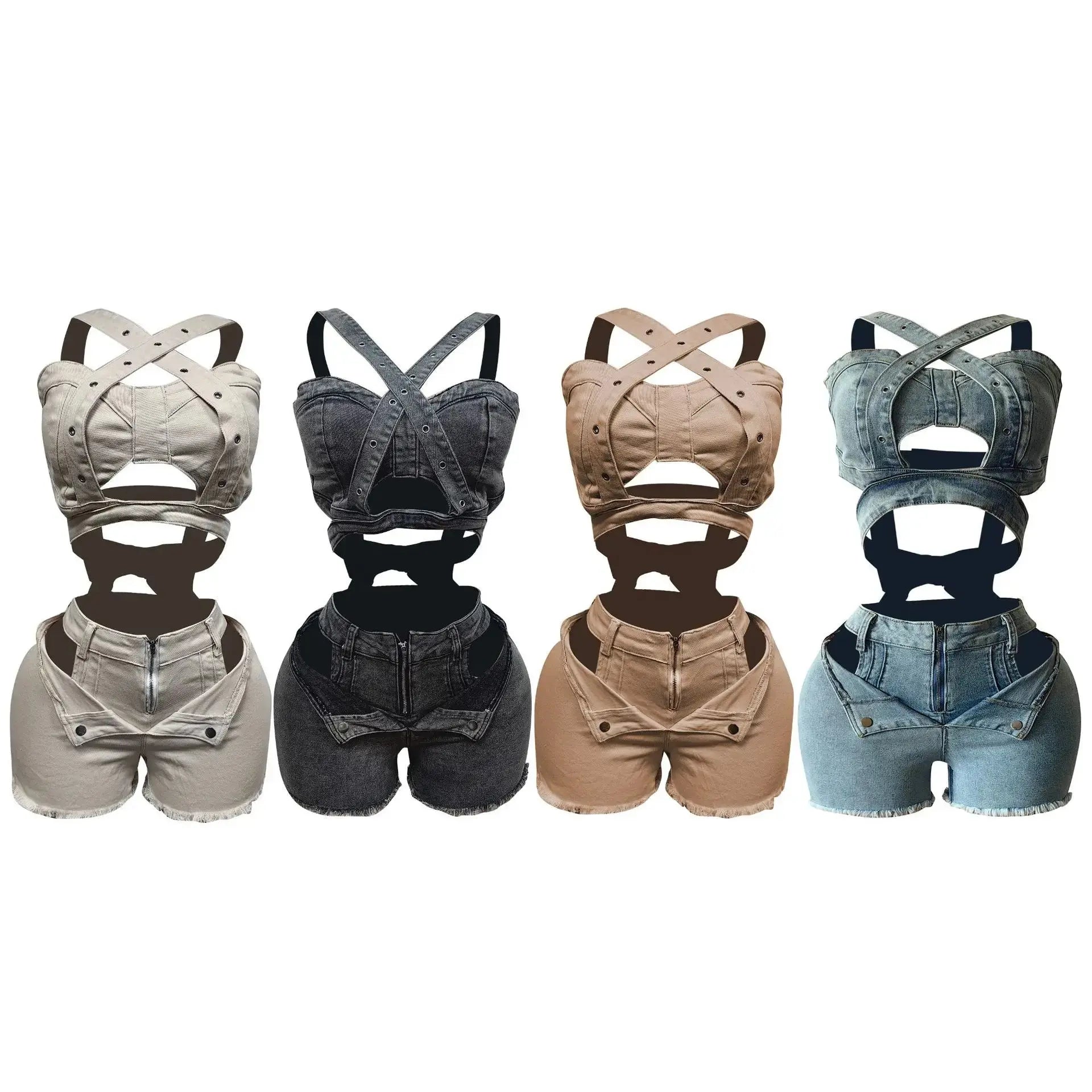 Denim Dream Two-Piece Set – Women’s Strap Vest Crop Top & Pocket Shorts | Sexy Streetwear Summer Outfit 2025 Majesty Me Streetwear™