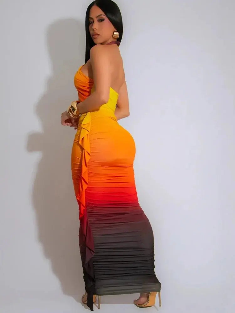 Tropical Goddess” Two-Piece Set – Halter Neck Crop Top & Tie-Dye Ruched Maxi Skirt Majesty Me Streetwear™