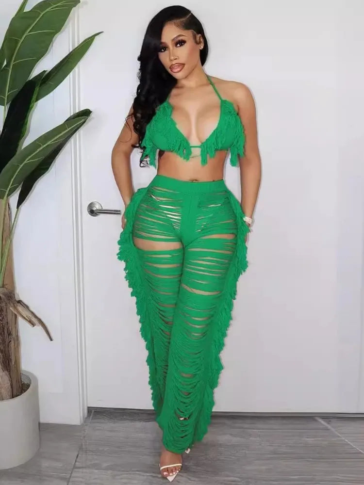 Sexy Women 2025 Knitted Set Two Piece Set Halter Backless Bra Crop Top Pants Crocheted 2 Pieces Set Hollow Out Crochet Beach Set Majesty Me