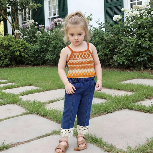 Girls Sleeveless Knit Top and Elastic Waist Tassel Jeans Set Summer Outfit with Camisole for Kids Majesty Me