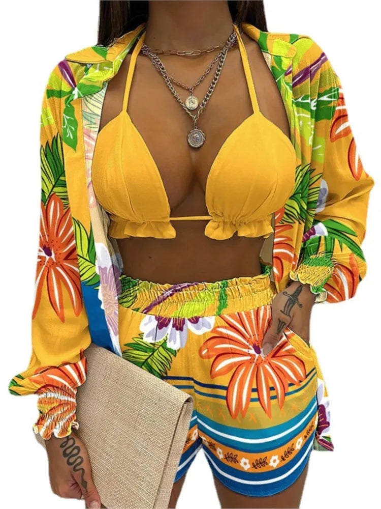 Fashion Print Short Three Piece Set Women Sexy Camisole Shirt Cardigan Shorts 3 Piece Sets Female Casual Beach Vacation Clothing Majesty Me