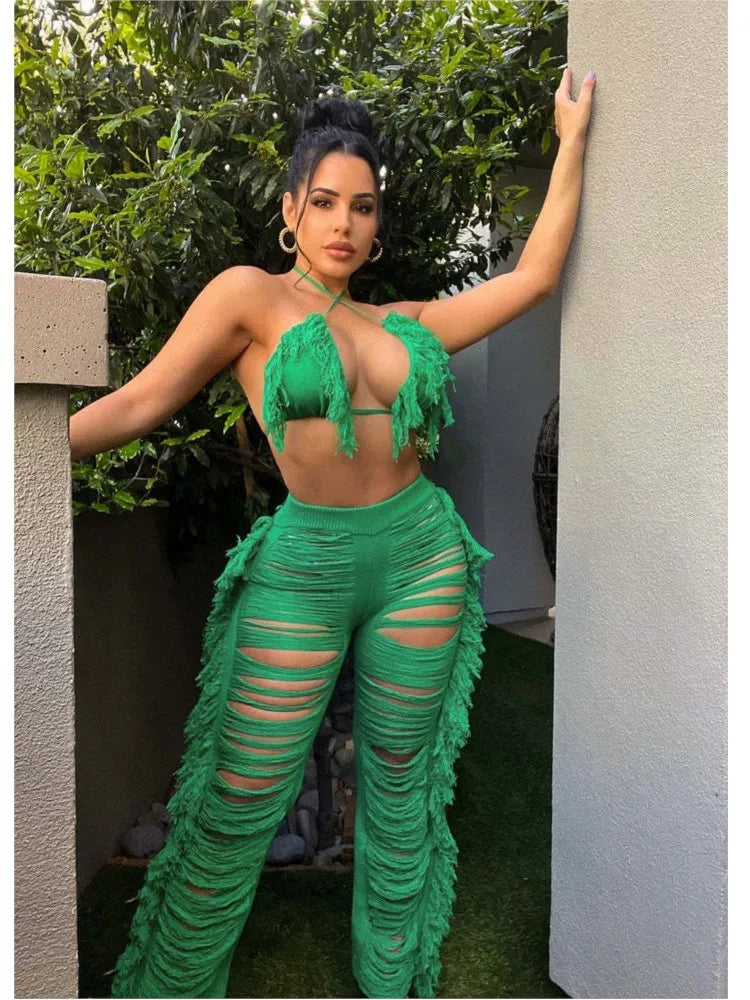 Sexy Women 2025 Knitted Set Two Piece Set Halter Backless Bra Crop Top Pants Crocheted 2 Pieces Set Hollow Out Crochet Beach Set Majesty Me