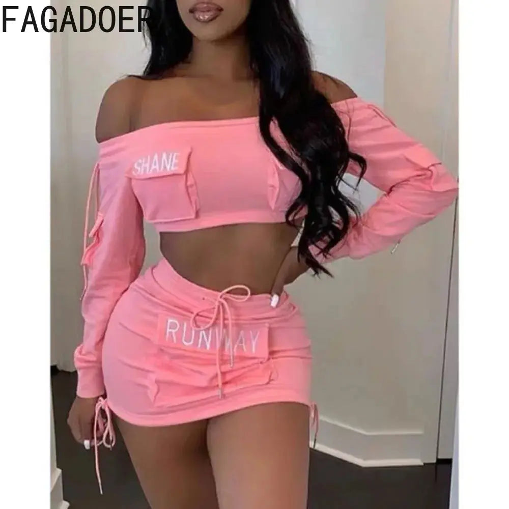 Y2K Pink Letter Print Two-Piece Set – Off-Shoulder Crop Top & Drawstring Pocket Skirt | Sexy Streetwear Matching Outfit Majesty Me Streetwear™