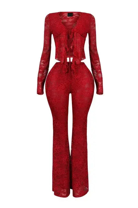 Luxe Illusion Lace Two-Piece Set – Sheer Long Sleeve Top & High-Waist Pants Majesty Me Streetwear™