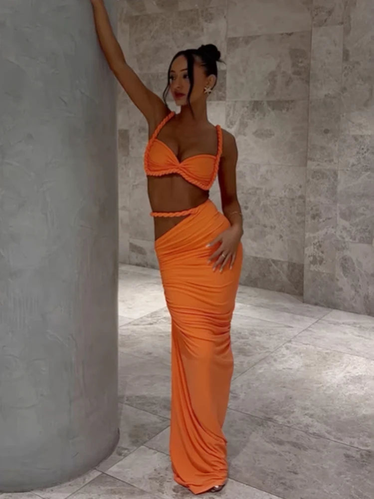 Weird Puss Bandage Ruched 2 Piece Set Women Square Collar Bra+Skinny Long Skirts 2025 Summer Vacation Beach Party Trend Suits Majesty Me
