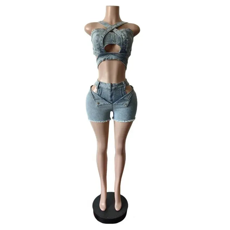 Denim Dream Two-Piece Set – Women’s Strap Vest Crop Top & Pocket Shorts | Sexy Streetwear Summer Outfit 2025 Majesty Me Streetwear™