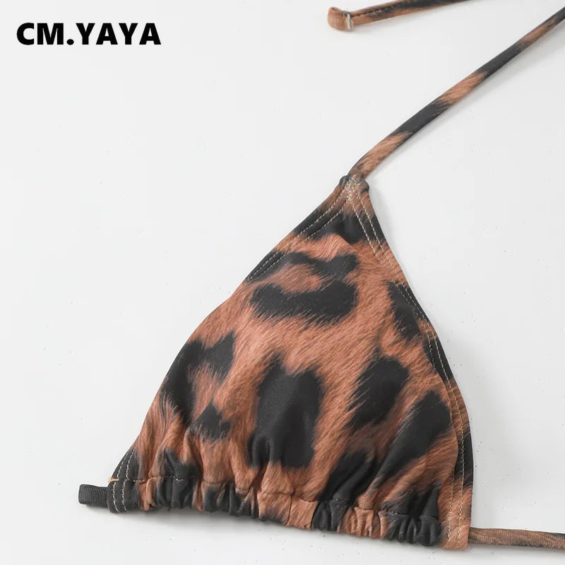 CM.YAYA Women Beach Bikini Set with Cutout Leopard Printed Sexy Long Bodycon Swimsuit Three 2 Piece Set Swimwear Bathing Suit Majesty Me
