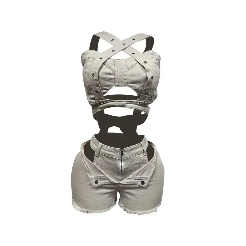 Denim Dream Two-Piece Set – Women’s Strap Vest Crop Top & Pocket Shorts | Sexy Streetwear Summer Outfit 2025 Majesty Me Streetwear™