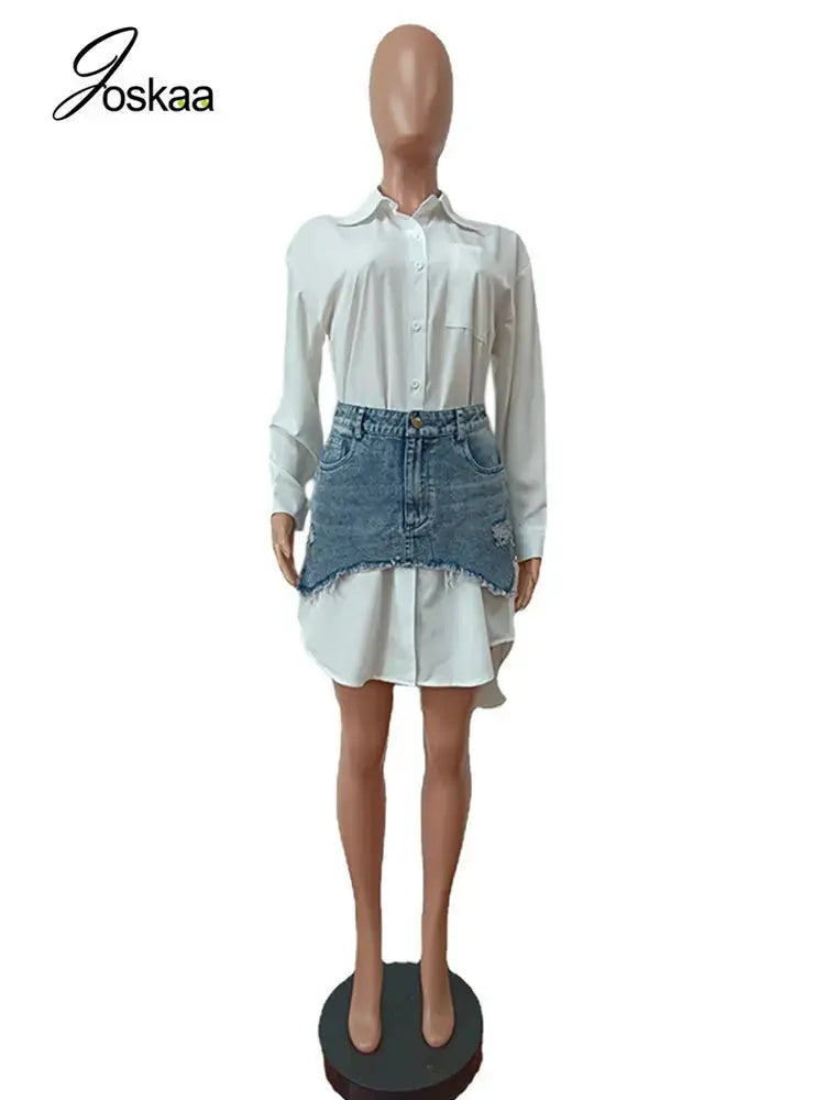 “Urban Royalty” Denim Two-Piece Set – Button-Up Shirt Dress & Asymmetric Skirt Street Look Majesty Me Streetwear™