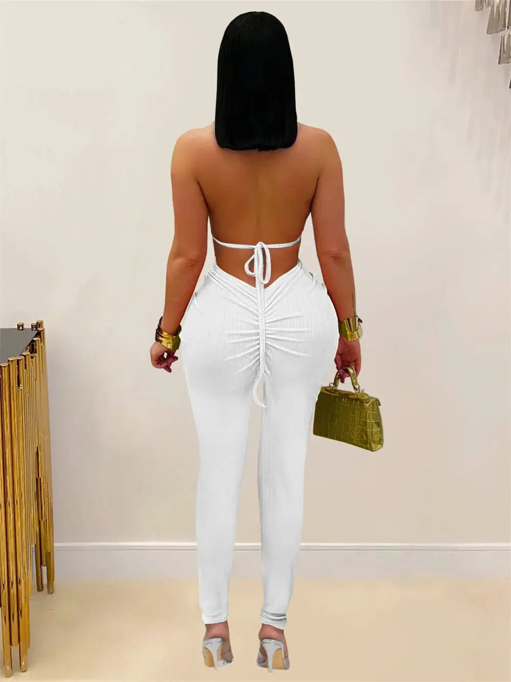 Snatched Peach Backless Jumpsuit – Ruched Halter Bodycon Majesty Me