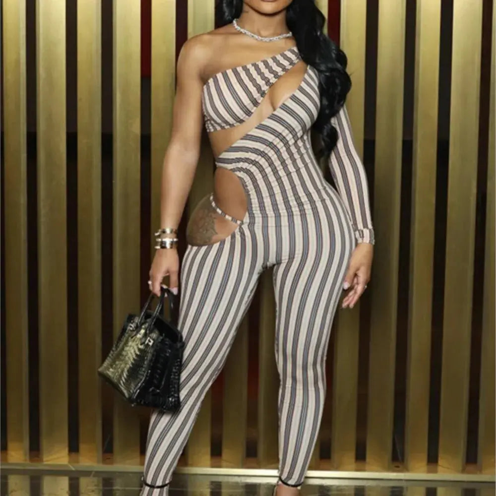 Striped Contour Cutout Jumpsuit Majesty Me