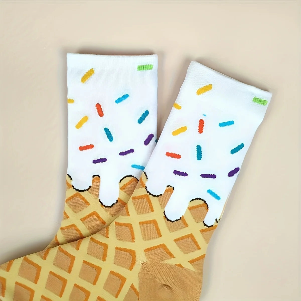 1 pair Waffle & Frosting Fun Mid-Calf Socks， Unisex Colorful Sprinkle Pattern Trendy Casual Socks Majesty Me