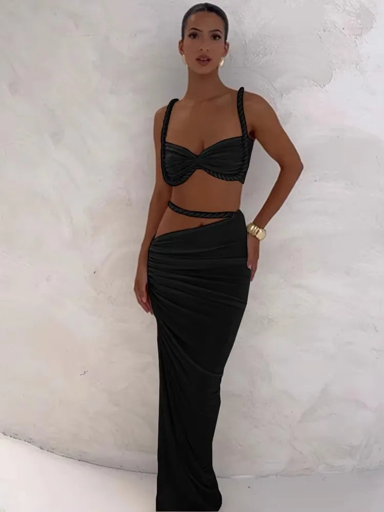 Weird Puss Bandage Ruched 2 Piece Set Women Square Collar Bra+Skinny Long Skirts 2025 Summer Vacation Beach Party Trend Suits Majesty Me